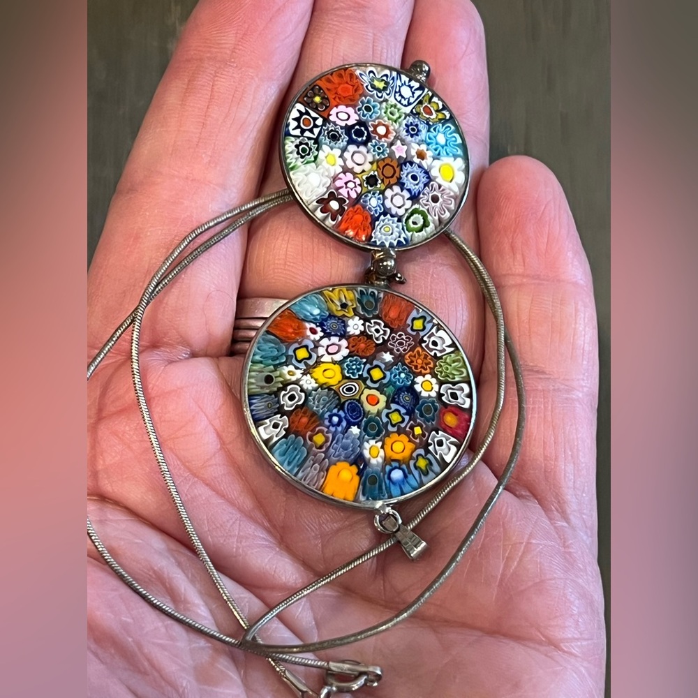 925 Sterling Murano Millefiori Glass Circle Brooch and Pendant Necklace 13.8 g